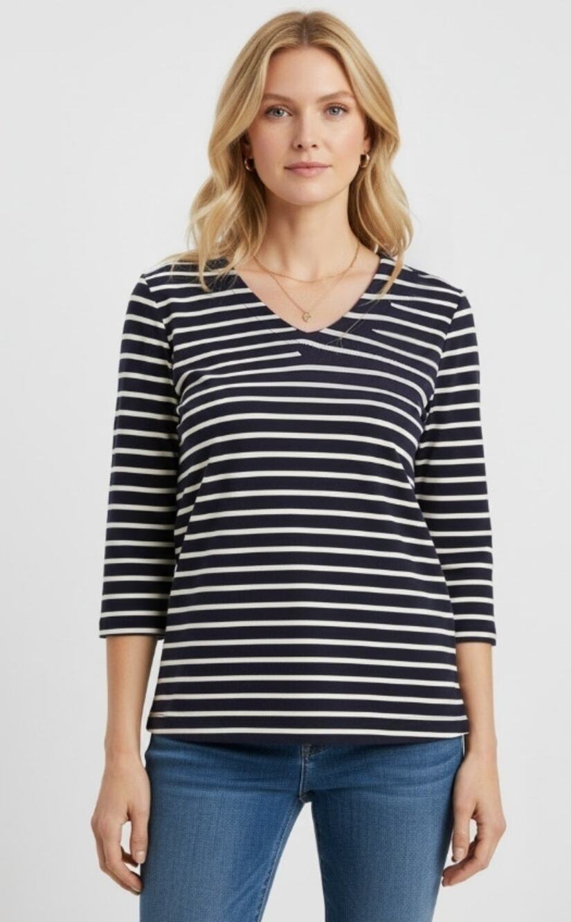 J. JILL PIMA 3/4 SLEEVE V-NECK KNIT T-SHIRT NAVY KHAKI WOMENS SIZE LARGE